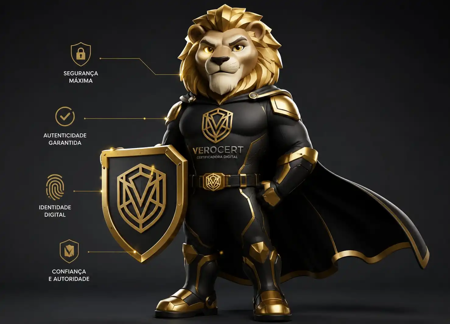 Mascote Verocert - Leão dourado representando segurança do certificado digital